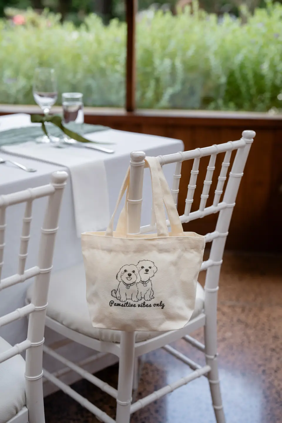 Guest gift tote bag with an illustration of the couple’s two dogs on a white chiavari chair